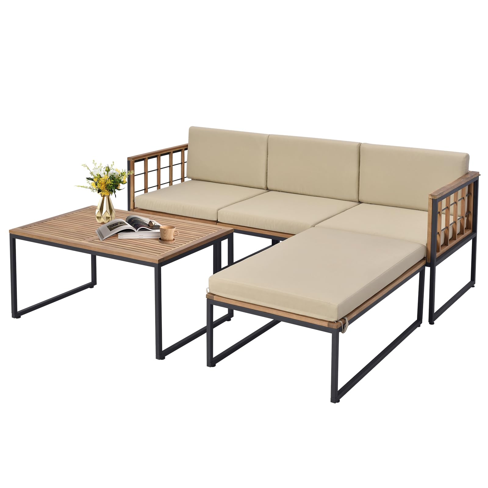 Ensemble de mobilier de patio Tangkula 5 pièces, ensemble modulaire en bois d'acacia avec cadre métallique robuste, coussins d'assise et de dossier confortables